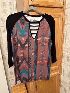 Crazy Train Aztec Raglan Top in Black, Teal & Dusty Rose-Boutique Brand